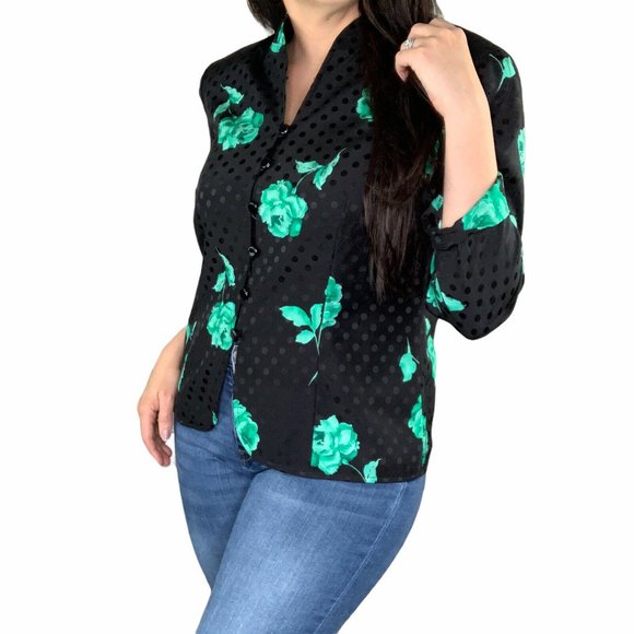 Vintage 100% silk black blouse green roses size 12